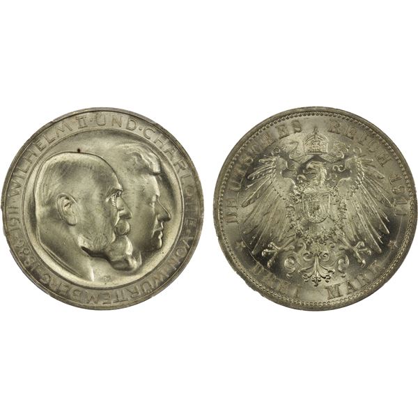 WÜRTTEMBERG: Kaiserreich, AR 3 mark, Freudenstadt, 1911-F, PCGS MS66 +