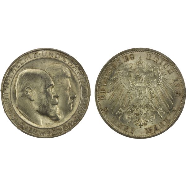 WÜRTTEMBERG: Wilhelm II, 1891-1918, AR 3 mark, Freudenstadt, 1911-F, PCGS MS65