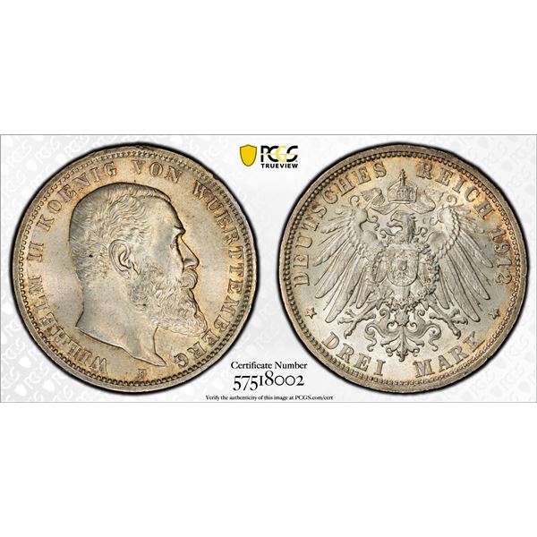 WÜRTTEMBERG: Wilhelm II, 1891-1918, AR 3 mark, Freudenstadt, 1912-F, PCGS MS65