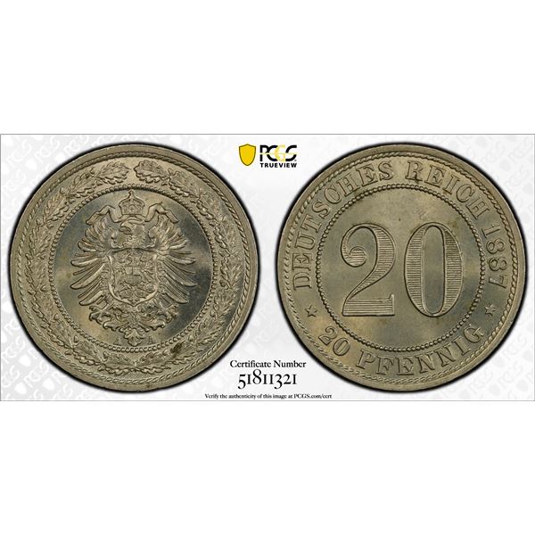 GERMANY: Kaiserreich, 20 pfennig, 1887-A, PCGS MS65