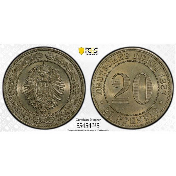 GERMANY: Kaiserreich, 20 pfennig, 1887-G, PCGS MS64
