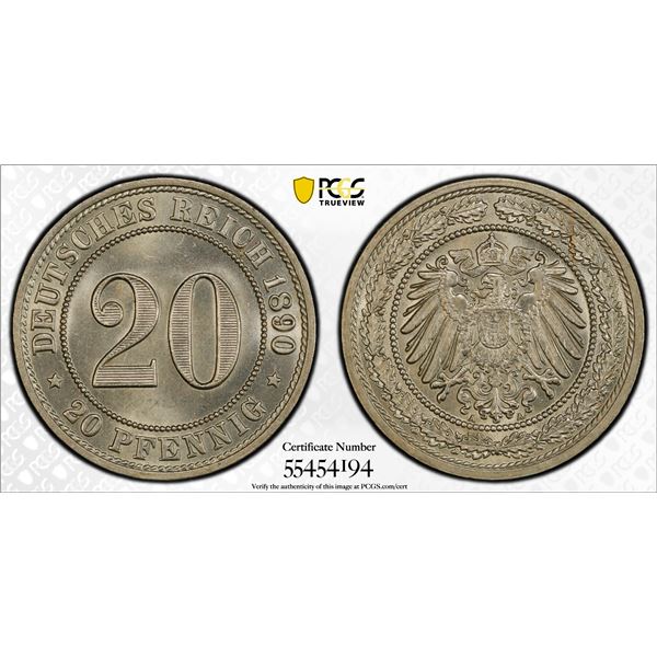 GERMANY: Kaiserreich, 20 pfennig, 1890-A, PCGS MS65