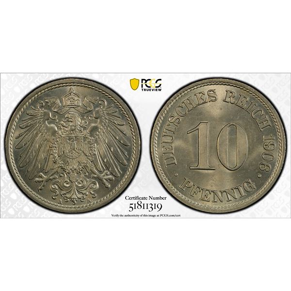 GERMANY: Kaiserreich, 10 pfennig, 1906-A, PCGS MS65