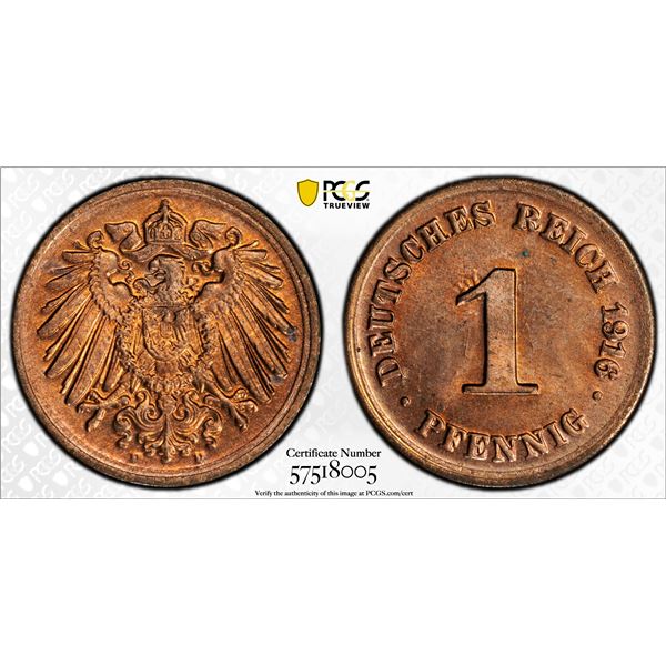 GERMANY: Kaiserreich, AE pfennig, 1916-D, PCGS MS65 RD