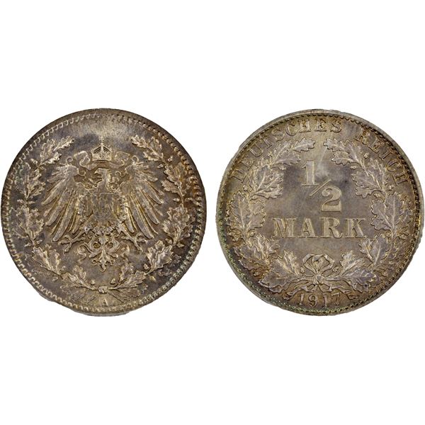 GERMANY: Kaiserreich, AR 1/2 mark, Berlin, 1917-A, PCGS MS66