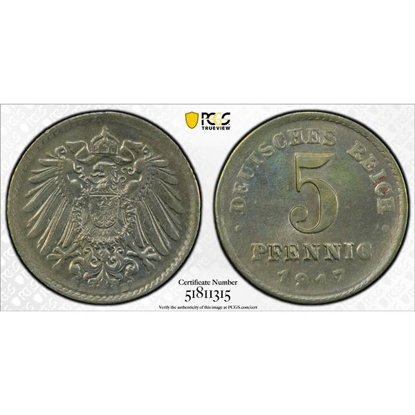 GERMANY: Kaiserreich, 5 pfennig, 1917-D, PCGS MS65