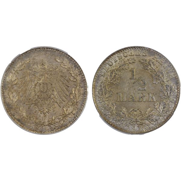 GERMANY: Kaiserreich, AR 1/2 mark, Munich, 1918-D, PCGS MS67