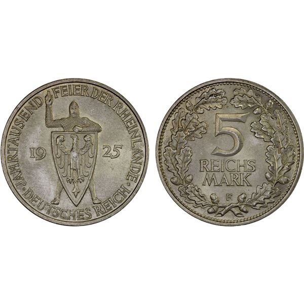 GERMANY: Weimar Republic, AR 5 reichsmark, 1925-F, Unc
