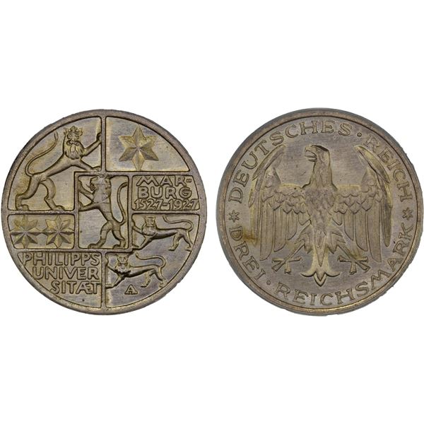 GERMANY: Weimar Republic, AR 3 reichsmark, Berlin, 1927-A, PCGS MS66