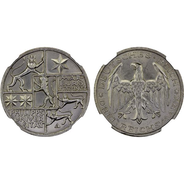 GERMANY: Weimar Republic, AR 3 reichsmark, Berlin, 1927-A, NGC MS65