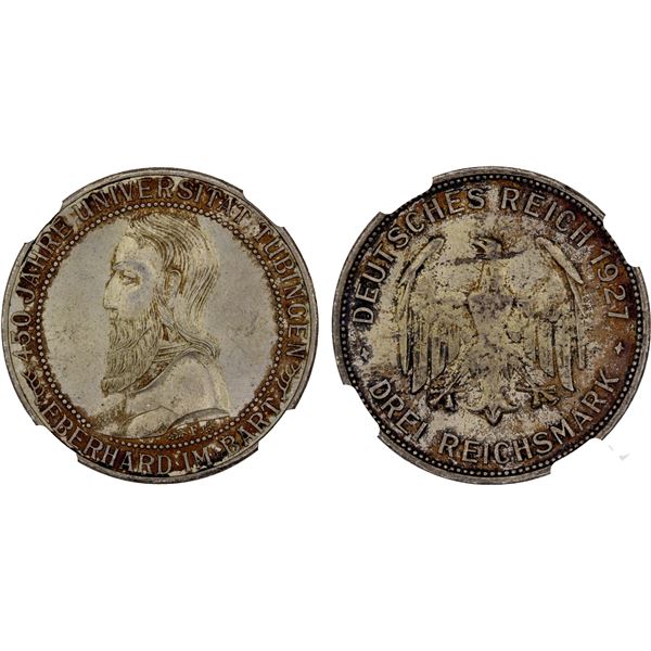 GERMANY: Weimar Republic, AR 3 reichsmark, Stuttgart, 1927-F, NGC MS64