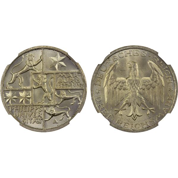 GERMANY: Weimar Republic, AR 3 reichsmark, 1927-A, NGC MS65