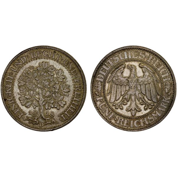 GERMANY: Weimar Republic, AR 5 reichsmark, 1928-D, XF