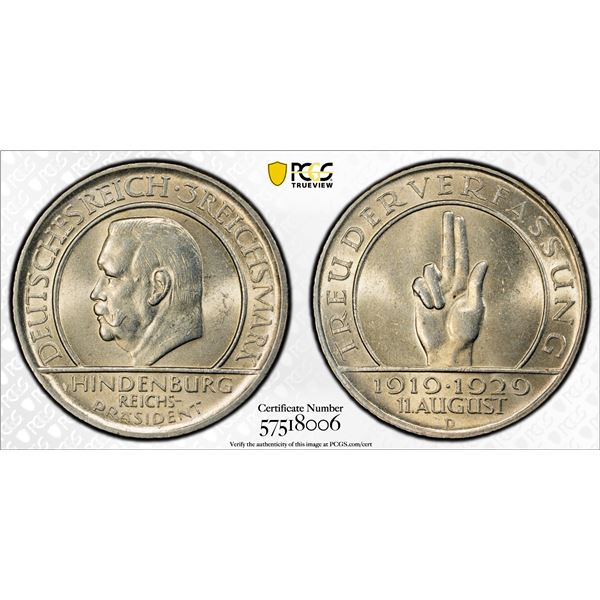 GERMANY: Weimar Republic, AR 3 reichsmark, 1929-D, PCGS MS62