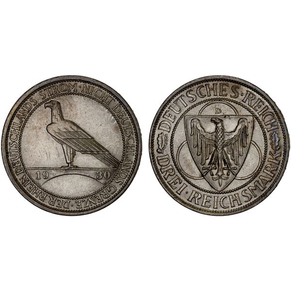 GERMANY: Weimar Republic, AR 3 reichsmark, 1930-D, Choice AU