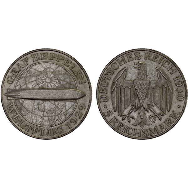 GERMANY: Weimar Republic, AR 5 reichsmark, 1930-A, XF-AU