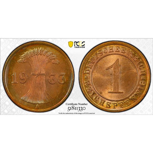 GERMANY: Weimar Republic, AE reichspfennig, 1933-A, PCGS MS65 RB