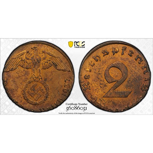 GERMANY: Third Reich, AE 2 pfennig (2.03g), 1937-A, PCGS MS63 RB
