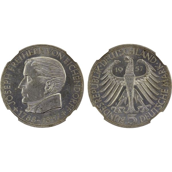 GERMANY: Federal Republic, AR 5 mark, 1957-J, NGC MS62
