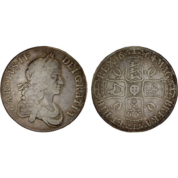 ENGLAND: Charles II, 1660-1685, AR crown, 1664 year XVI, F-VF