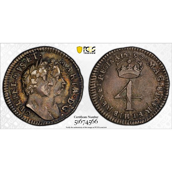 ENGLAND: William III and Mary II, 1689-1694, AR 4 pence, 1690, PCGS AU55