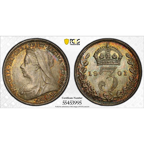 GREAT BRITAIN: Victoria, 1837-1901, AR threepence, 1901, PCGS MS65