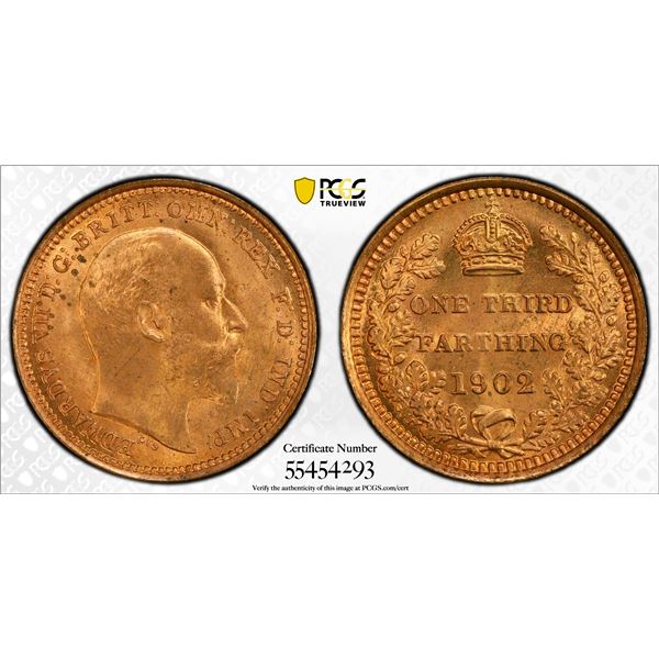 GREAT BRITAIN: Edward VII, 1901-1910, AE 1/3 farthing, 1902, PCGS MS65 RD