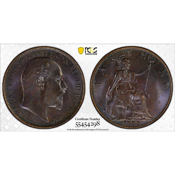 GREAT BRITAIN: Edward VII, 1901-1910, AE farthing, 1909, PCGS MS65