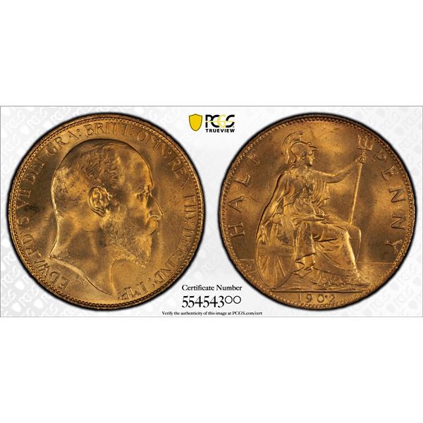 GREAT BRITAIN: Edward VII, 1901-1910, AE halfpenny, 1902, PCGS MS66 RD