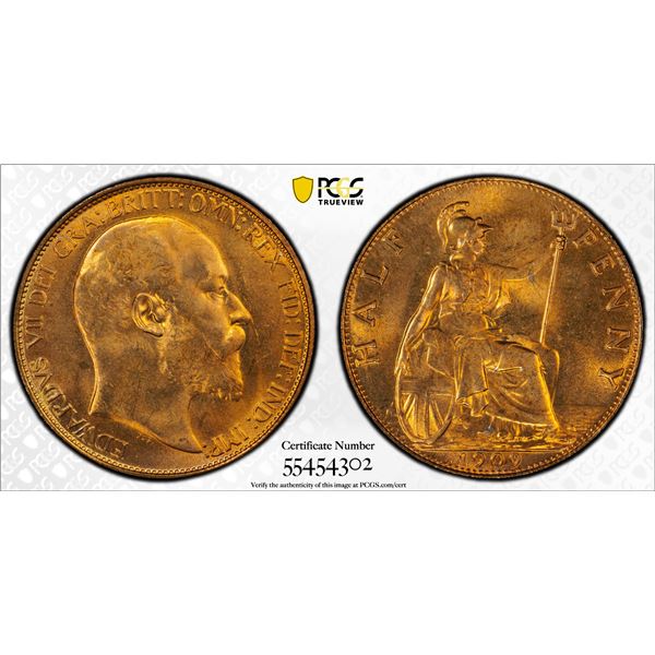 GREAT BRITAIN: Edward VII, 1901-1910, AE halfpenny, 1909, PCGS MS65 RD