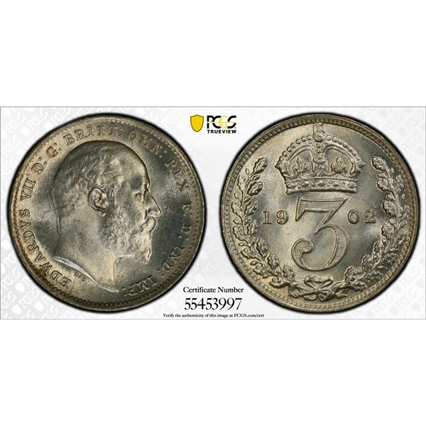 GREAT BRITAIN: Edward VII, 1901-1910, AR threepence, 1902, PCGS MS65