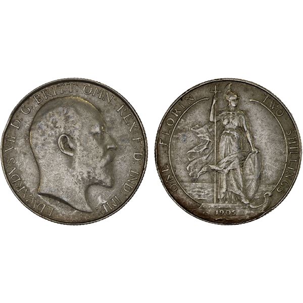 GREAT BRITAIN: Edward VII, 1901-1910, AR florin, 1905, About VF