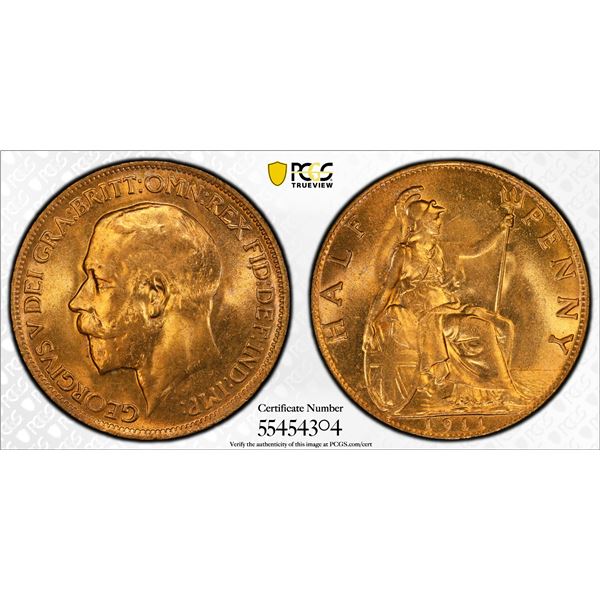 GREAT BRITAIN: George V, 1910-1936, AE halfpenny, 1911, PCGS MS65 RD