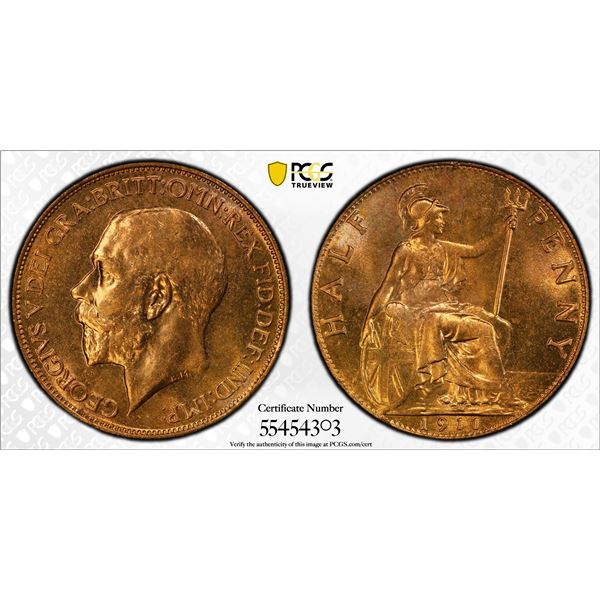 GREAT BRITAIN: George V, 1910-1936, AE halfpenny, 1911, PCGS MS64 RD