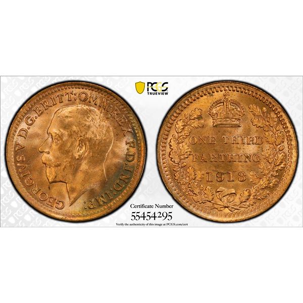 GREAT BRITAIN: George V, 1910-1936, AE 1/3 farthing, 1913, PCGS MS66 RD
