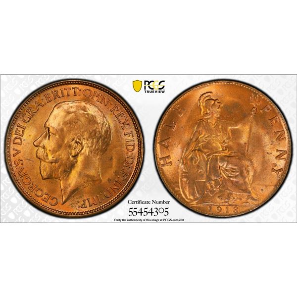 GREAT BRITAIN: George V, 1910-1936, AE halfpenny, 1913, PCGS MS65 RD