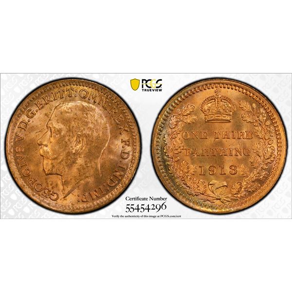 GREAT BRITAIN: George V, 1910-1936, AE 1/3 farthing, 1913, PCGS MS65 RD