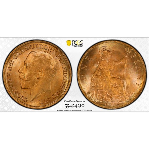 GREAT BRITAIN: George V, 1910-1936, AE penny, 1916, PCGS MS65 RD