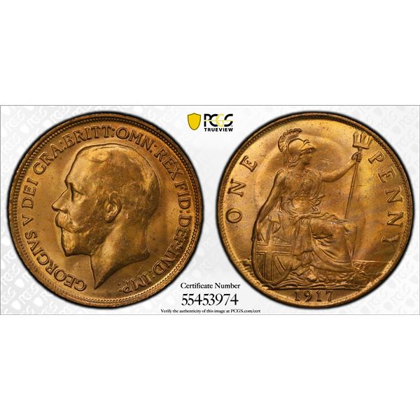 GREAT BRITAIN: George V, 1910-1936, AE penny, 1917, PCGS MS64 RD