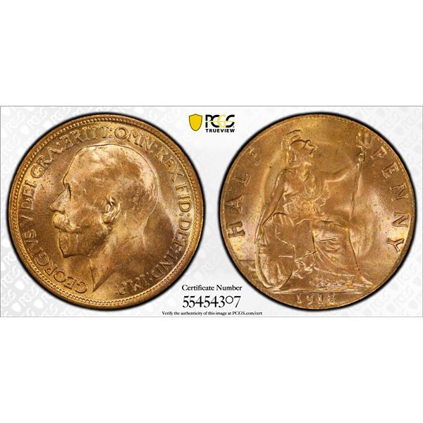 GREAT BRITAIN: George V, 1910-1936, AE halfpenny, 1918, PCGS MS65 RD