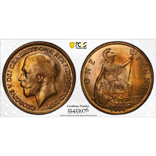 GREAT BRITAIN: George V, 1910-1936, AE penny, 1918, PCGS MS64 RD