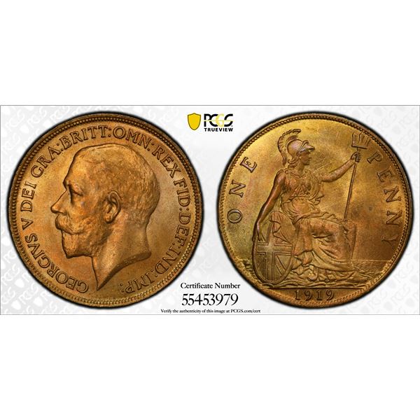 GREAT BRITAIN: George V, 1910-1936, AE penny, 1919, PCGS MS65 RD