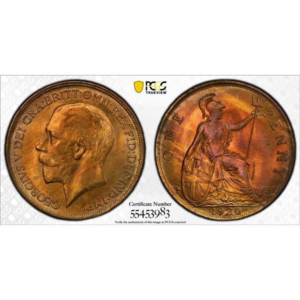 GREAT BRITAIN: George V, 1910-1936, AE penny, 1920, PCGS MS65 RB
