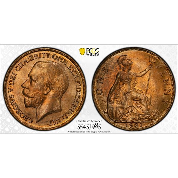 GREAT BRITAIN: George V, 1910-1936, AE penny, 1921, PCGS MS64 RD