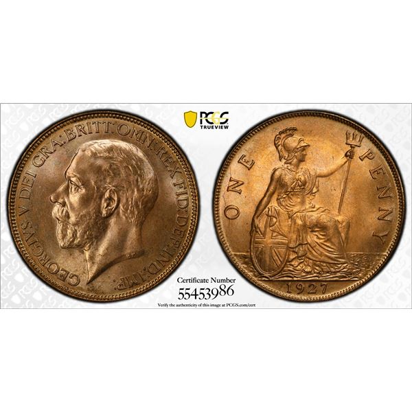 GREAT BRITAIN: George V, 1910-1936, AE penny, 1927, PCGS MS65 RD