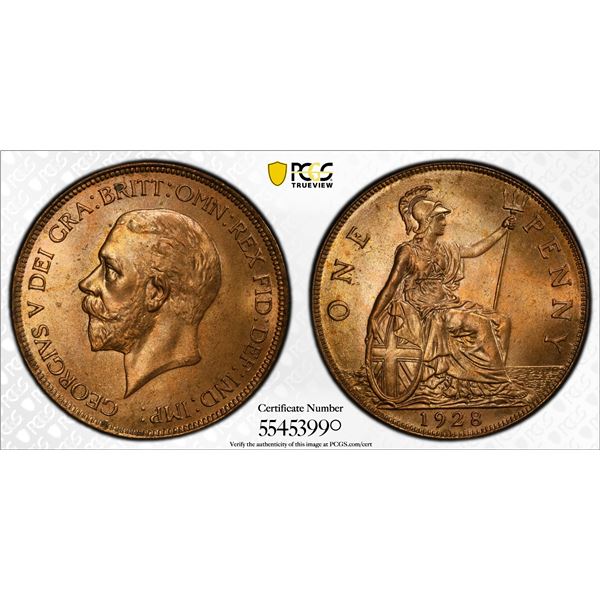 GREAT BRITAIN: George V, 1910-1936, AE penny, 1928, PCGS MS65 RD