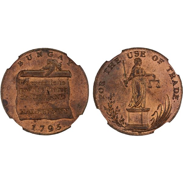 GREAT BRITAIN: AE halfpenny token, 1795, NGC MS64 RB