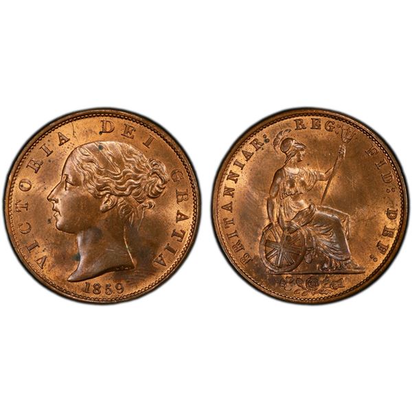 GREAT BRITAIN: Victoria, 1837-1901, AE halfpenny, 1859, PCGS MS64 RB