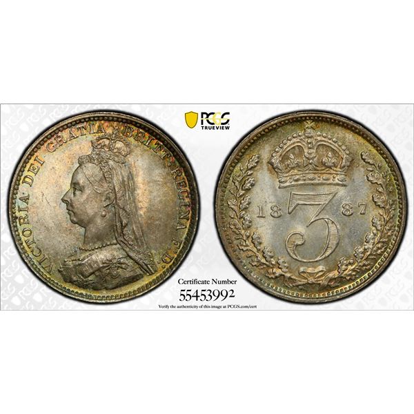 GREAT BRITAIN: Victoria, 1837-1901, AR threepence, 1887, PCGS MS65