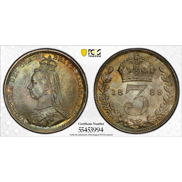 GREAT BRITAIN: Victoria, 1837-1901, AR threepence, 1889, PCGS MS65